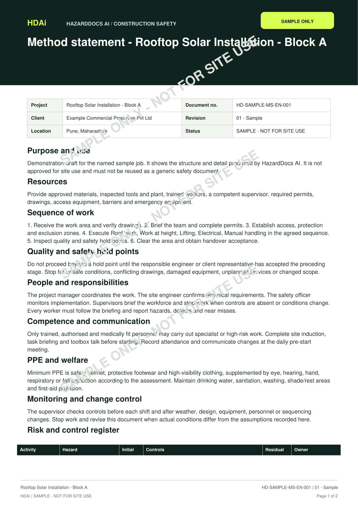 First page of the Method statement sample